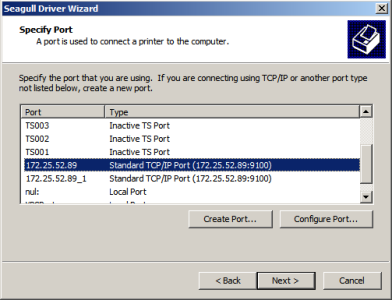 Specify Port - Seagull Driver Wizard